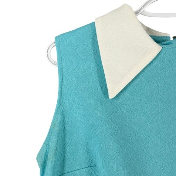 Vtg Mod Dress 16 18 Sleeveless 60s 70s Aqua Blue White Peter Pan Collar As Is - Picture 3 of 13